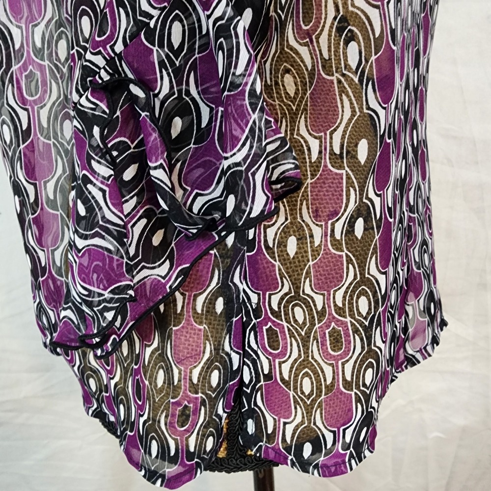 NICOLA Size Med Sheer Geometric Print Chiffon Flare Sleeve Office Casual Blouse - Picture 6 of 13
